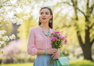 Mladá žena v pastelovom outfite s prírodným makeupom na jarnej prechádzke pri kvitnúcich stromoch