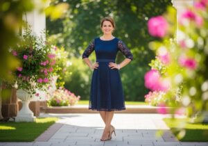 Elegantná žena v modrých šatách stojaca na svadobnej oslave s kvetmi a zeleňou v pozadí