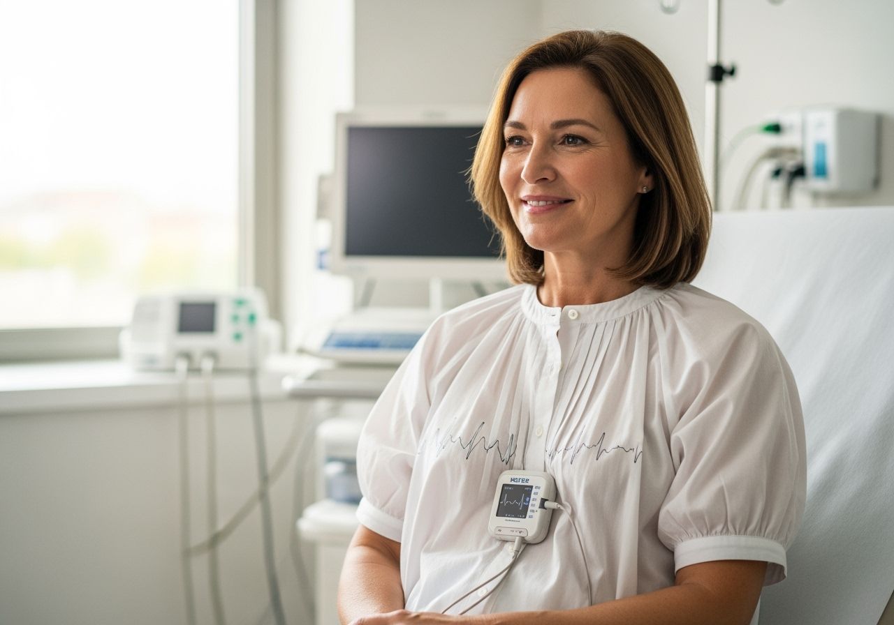 Stredne staršia žena so zariadením Holter EKG sedí v jasnej vyšetrovacej miestnosti, usmieva sa.
