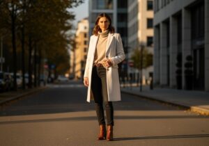 štýlová žena v bielom kabáte na mestkej ulici počas zlatej hodiny s mestským pozadím