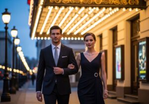 Muž a žena v elegantnom oblečení kráčajú pred divadlom pri západe slnka.