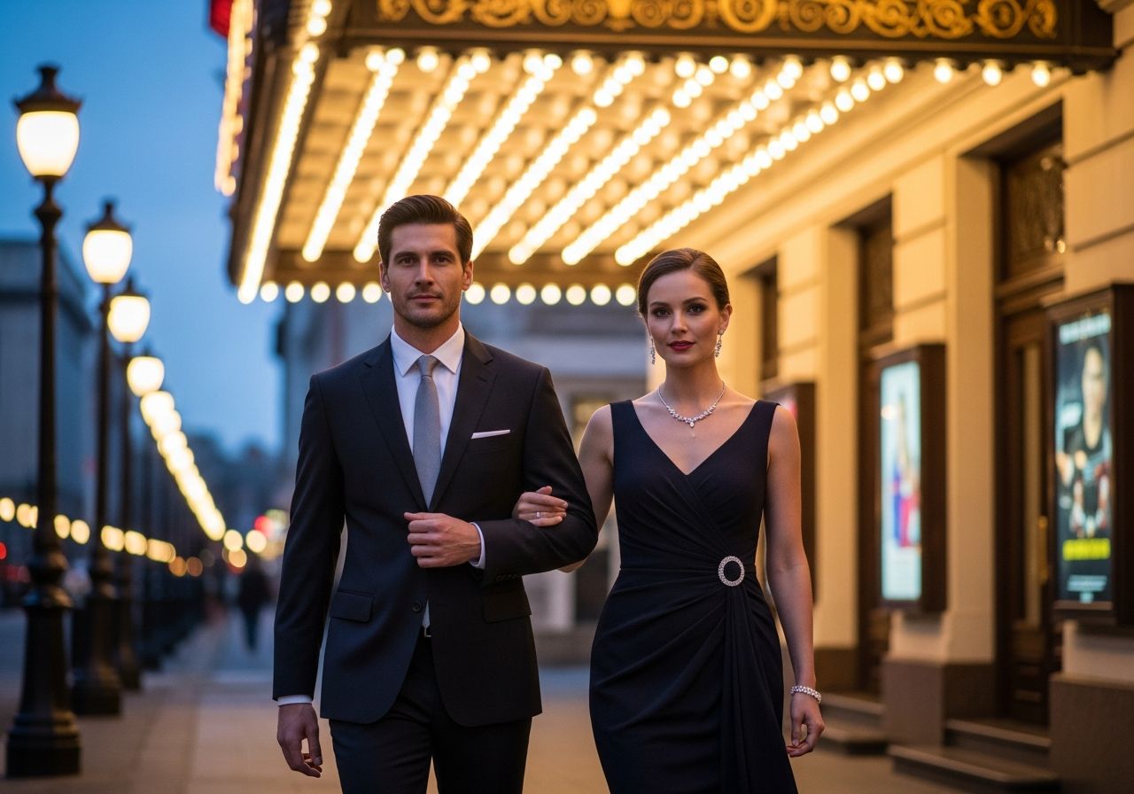 Muž a žena v elegantnom oblečení kráčajú pred divadlom pri západe slnka.