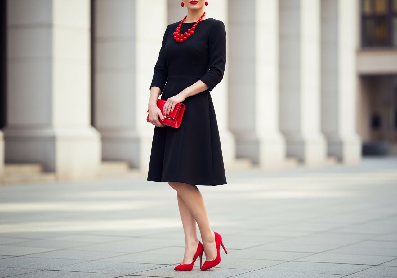 Žena v čiernych šatách s červenými doplnkami stojaca v mestskom prostredí.
