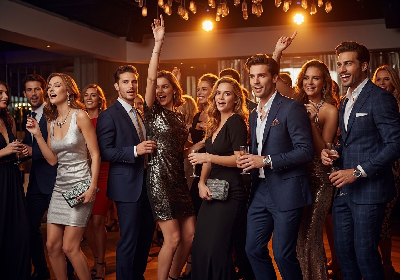 Skupená skupina mladých na elegantnej párty v modernom interiéri, prirodzené pózy a výrazy.