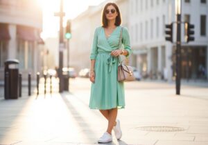 Módna žena v mäta zelených šatách na mestskej ulici počas zlatého hodiny s bielymi teniskami.