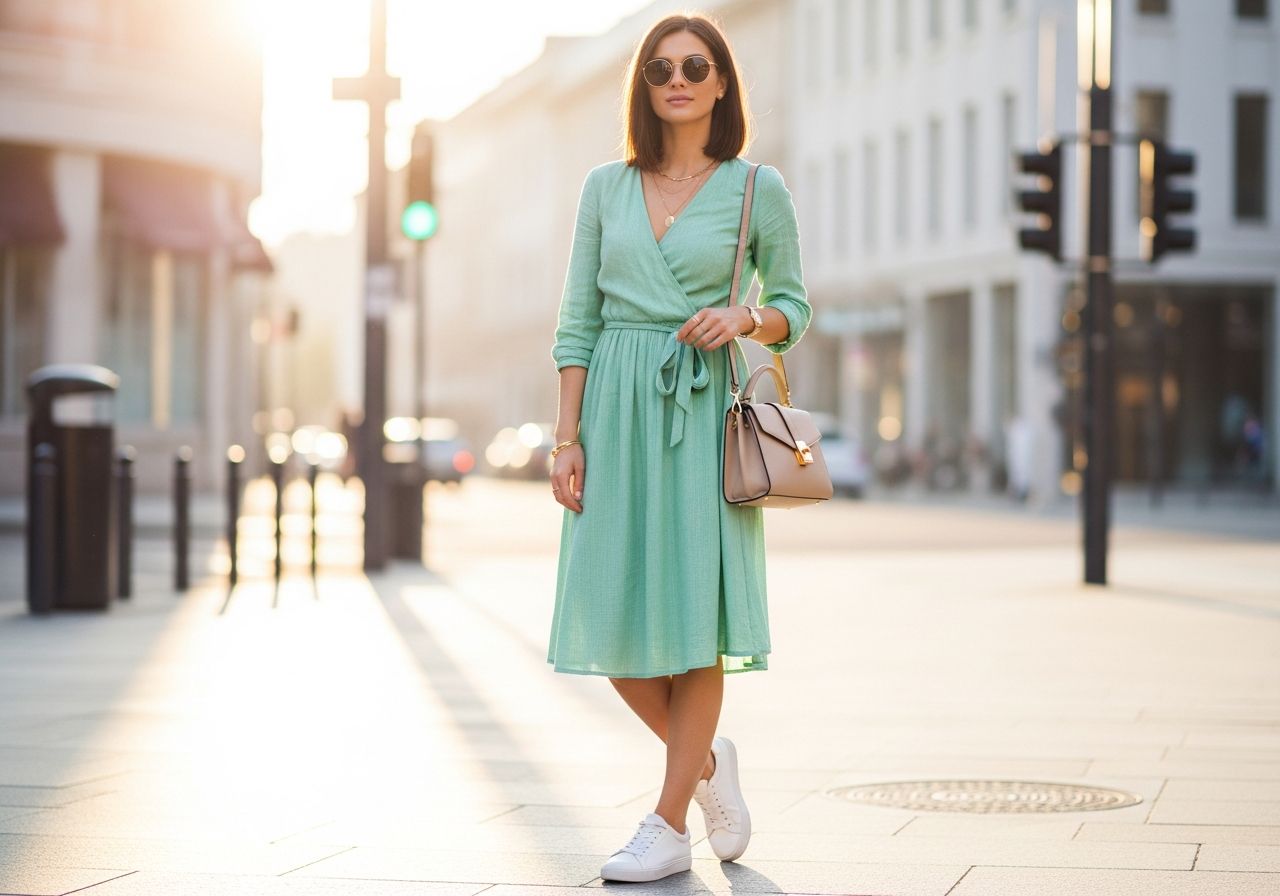 Módna žena v mäta zelených šatách na mestskej ulici počas zlatého hodiny s bielymi teniskami.