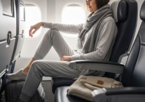 Mladá žena sediaca v lietadle v pohodlnom oblečení s plagátom pod sedadlom pri dennom svetle