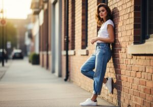 Mladá žena v džínsach a teniskách opretá o tehlovú stenu na mestskom chodníku za denného svetla