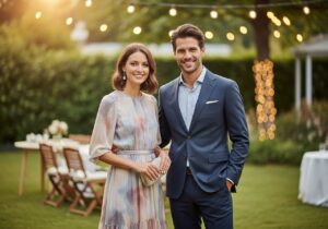 Elegantný pár na záhradnej oslave výročia v semiformalnom oblečení, svieže prostredie s lampášmi v pozadí