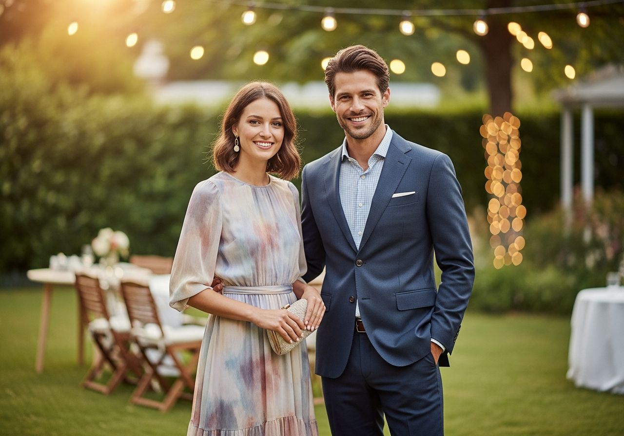 Elegantný pár na záhradnej oslave výročia v semiformalnom oblečení, svieže prostredie s lampášmi v pozadí