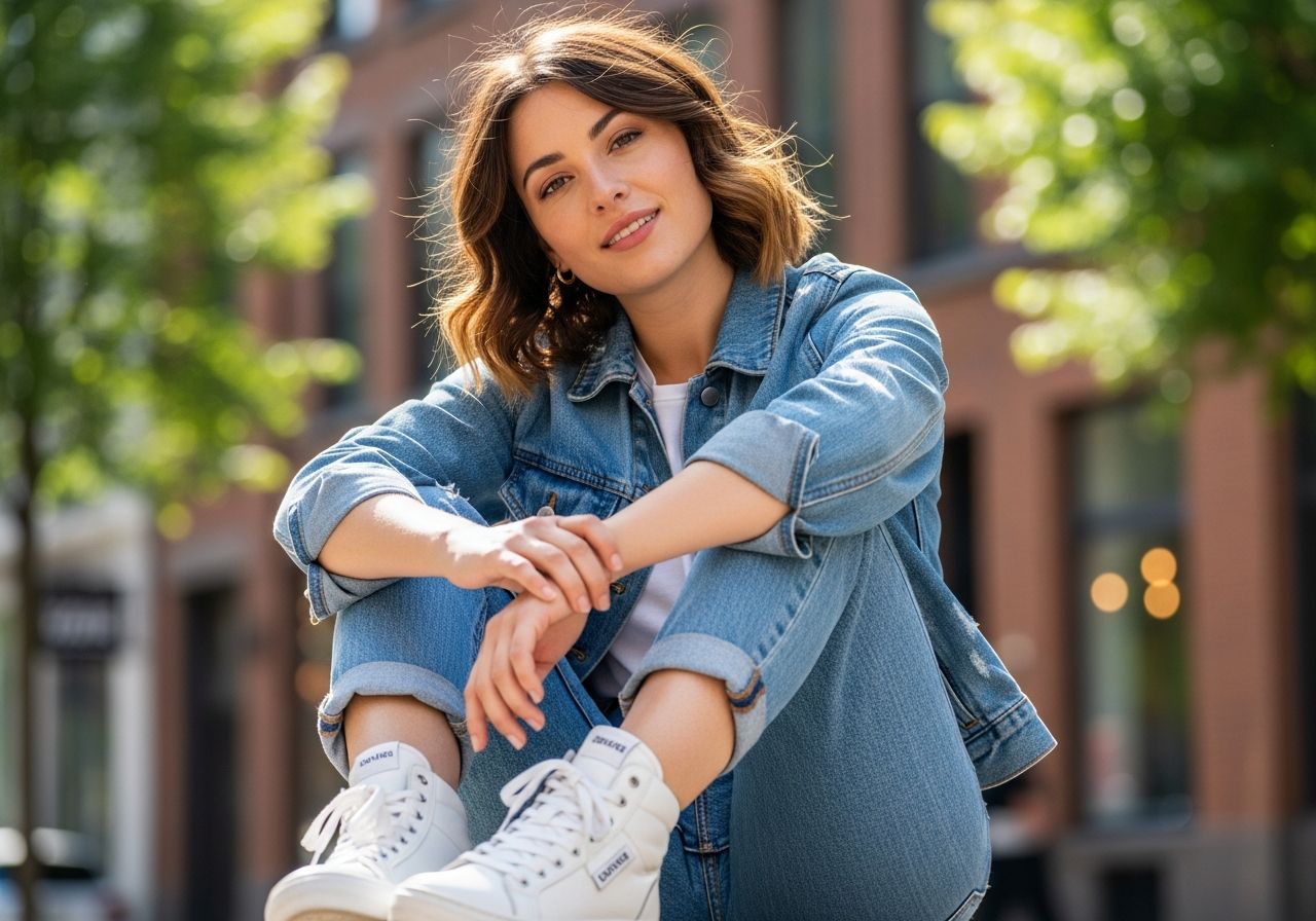 Módna mladá žena sedí vonku v teniskách, džínsach a ľahkej bunde na slnečný deň v meste