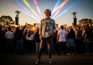 Mladý človek v džínsovej bunde a tričku na hudobnom koncerte s davom a večerným svetlom