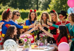 Skupina žien v farebných kostýmoch na rozlúčke so slobodou na záhrade počas oslavy s nápojmi.