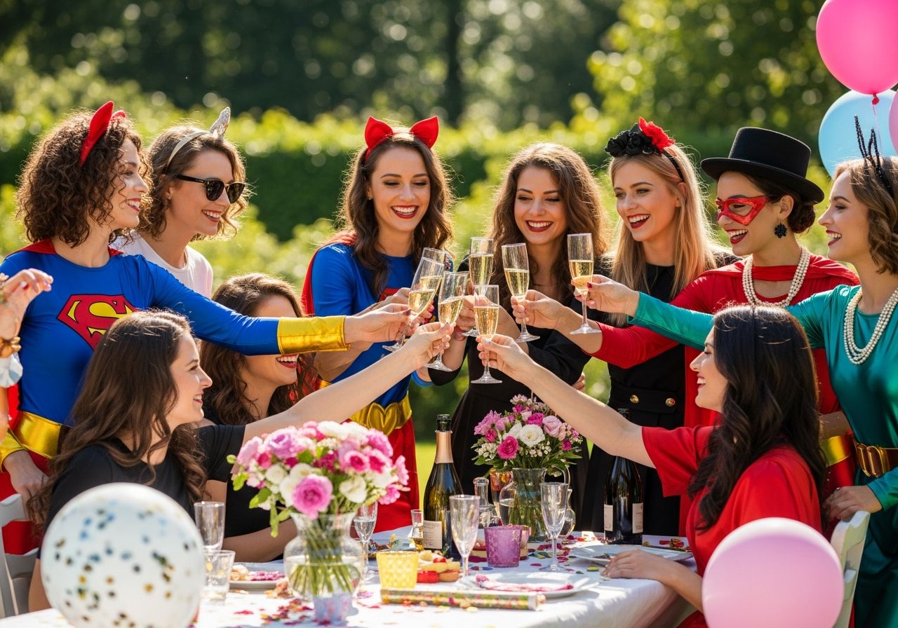 Skupina žien v farebných kostýmoch na rozlúčke so slobodou na záhrade počas oslavy s nápojmi.