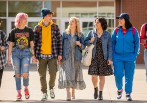 Skupina študentov kráča vonku pred modernou školou v farebných outfitoch, ktorí vyjadrujú individualitu.