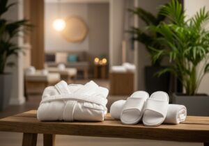 Sada kúpeľného oblečenia na drevenej lavici v modernom spa s prírodným osvetlením a zelenými rastlinami.