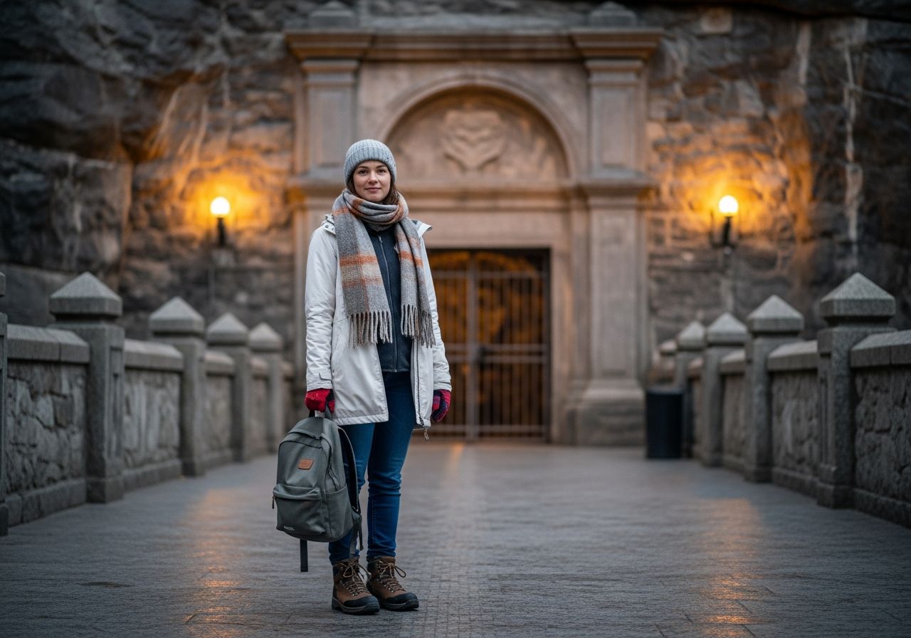 Turista v teplom oblečení stojí pri vchode do historickej bane vyliečenej soľou vo Wieliczke