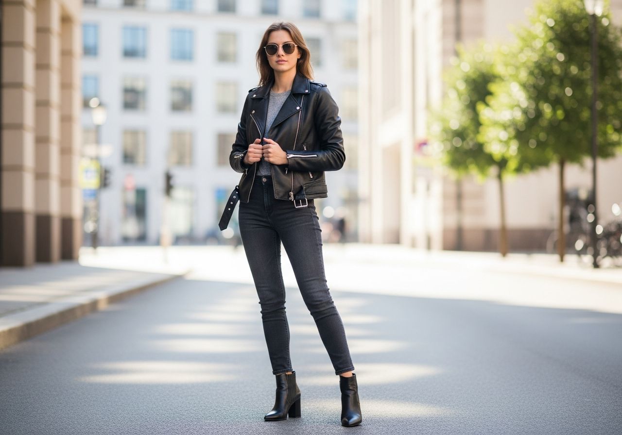 Mladá žena v koženej bunde a členkových topánkach na mestskej ulici za denného svetla