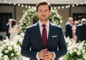 Muž v tmavomodrom obleku stojaci na svadbe s rozmazanými hosťami a výzdobou v pozadí.