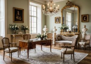 Interiér v neoklasickom štýle s vintage lustrami, zrkadlom a kvetinovou výzdobou v jemnom svetle