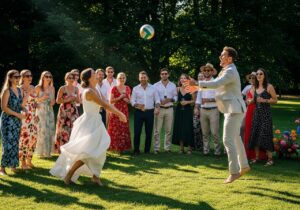 Nevesta a ženích hrajú volejbal na svadbe v parku, obklopení usmievajúcimi sa hosťami.