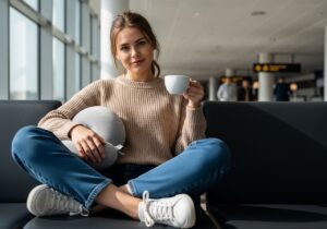 Mladá žena sedí v letiskovej hale s cestovným vankúšom a šálkou kávy v rukách.