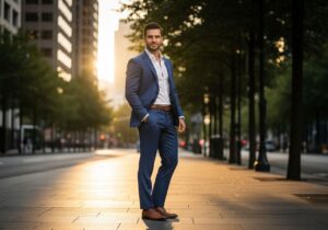 Muž v modernom námorníckom obleku na mestskej ulici počas zlatej hodiny.