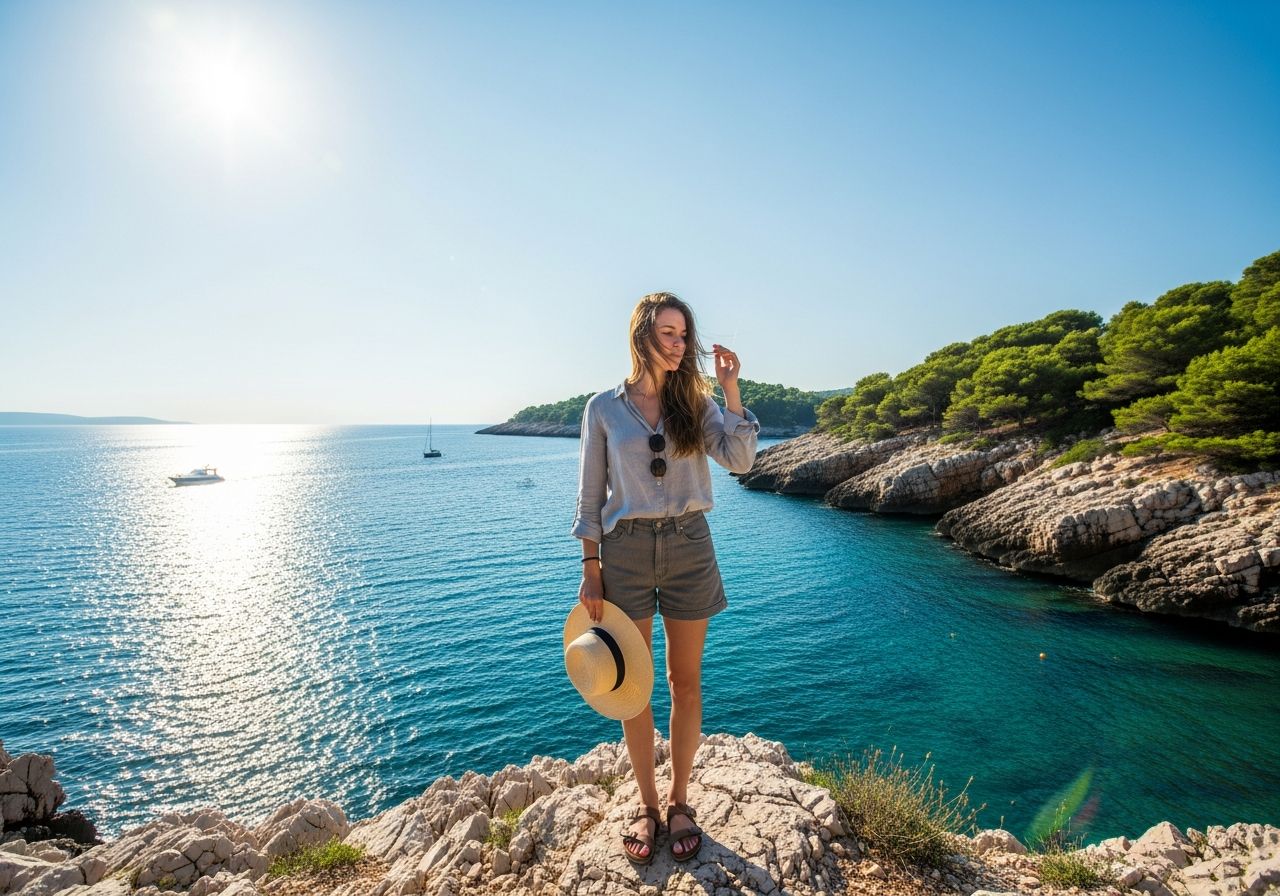 Mladá žena na skalnatom chorvátskom pobreží s klobúkom, jadranské more a lode v pozadí.