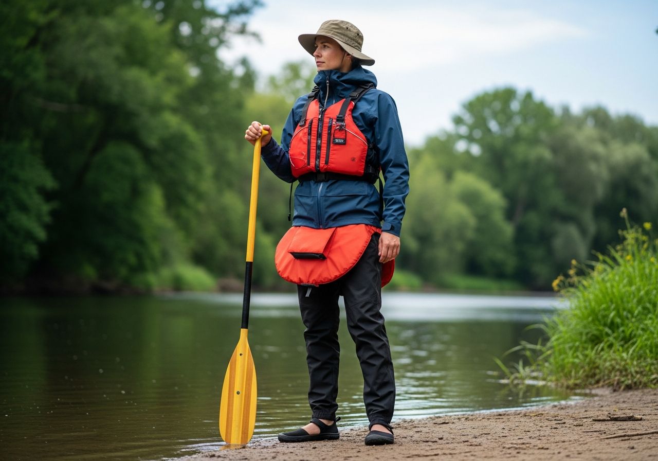 Osoba v kanoistickom oblečení stojí pri pokojnej rieke s pádlem, okolo zelené stromy a modrá obloha
