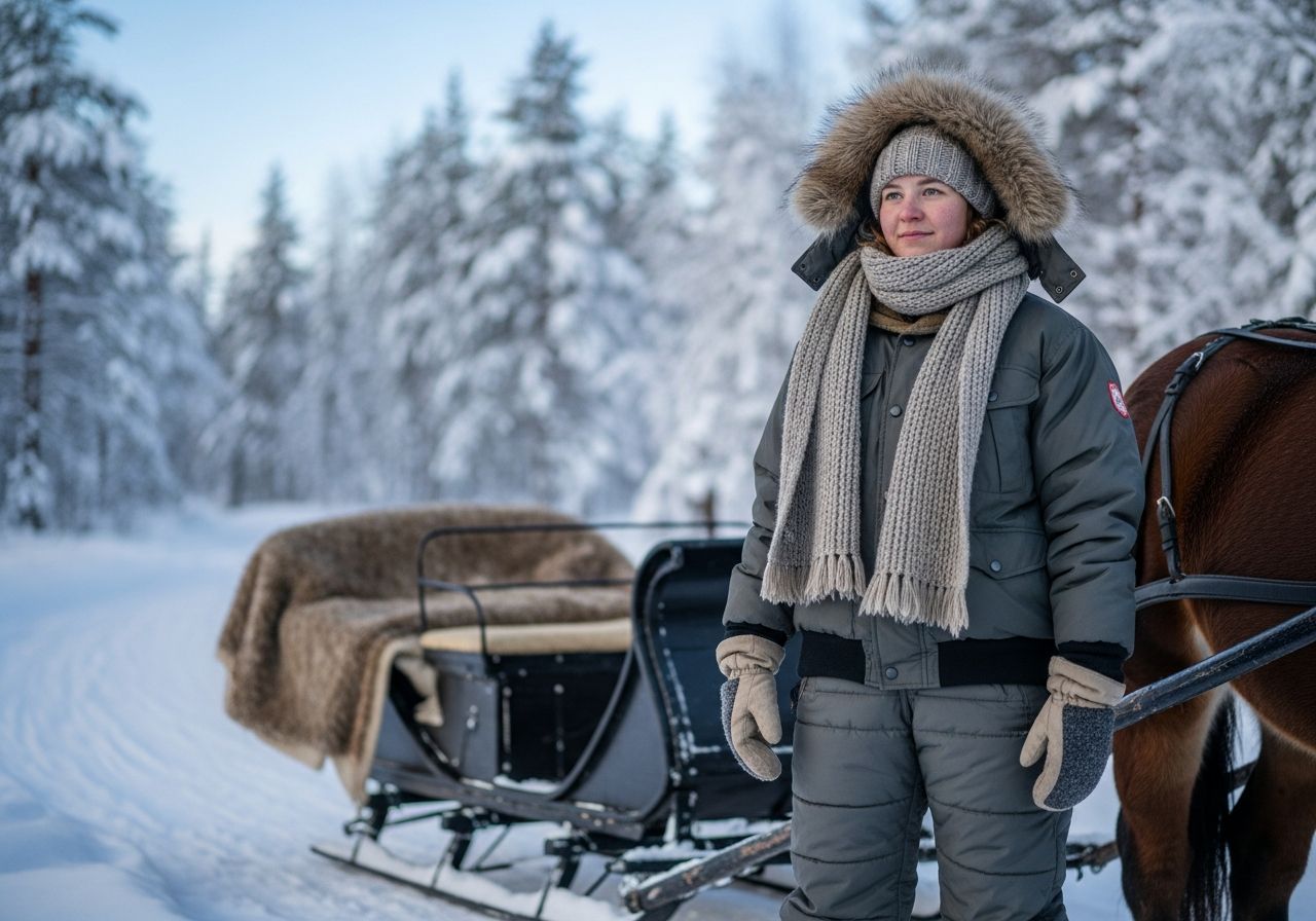 Osoba oblečená na kulig pri koči s koňmi v zasneženej lesnej krajine za jasného zimného dňa