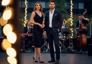 štýlový pár na jazzovom koncerte v urbánnom vonkajšom prostredí s teplým osvetlením