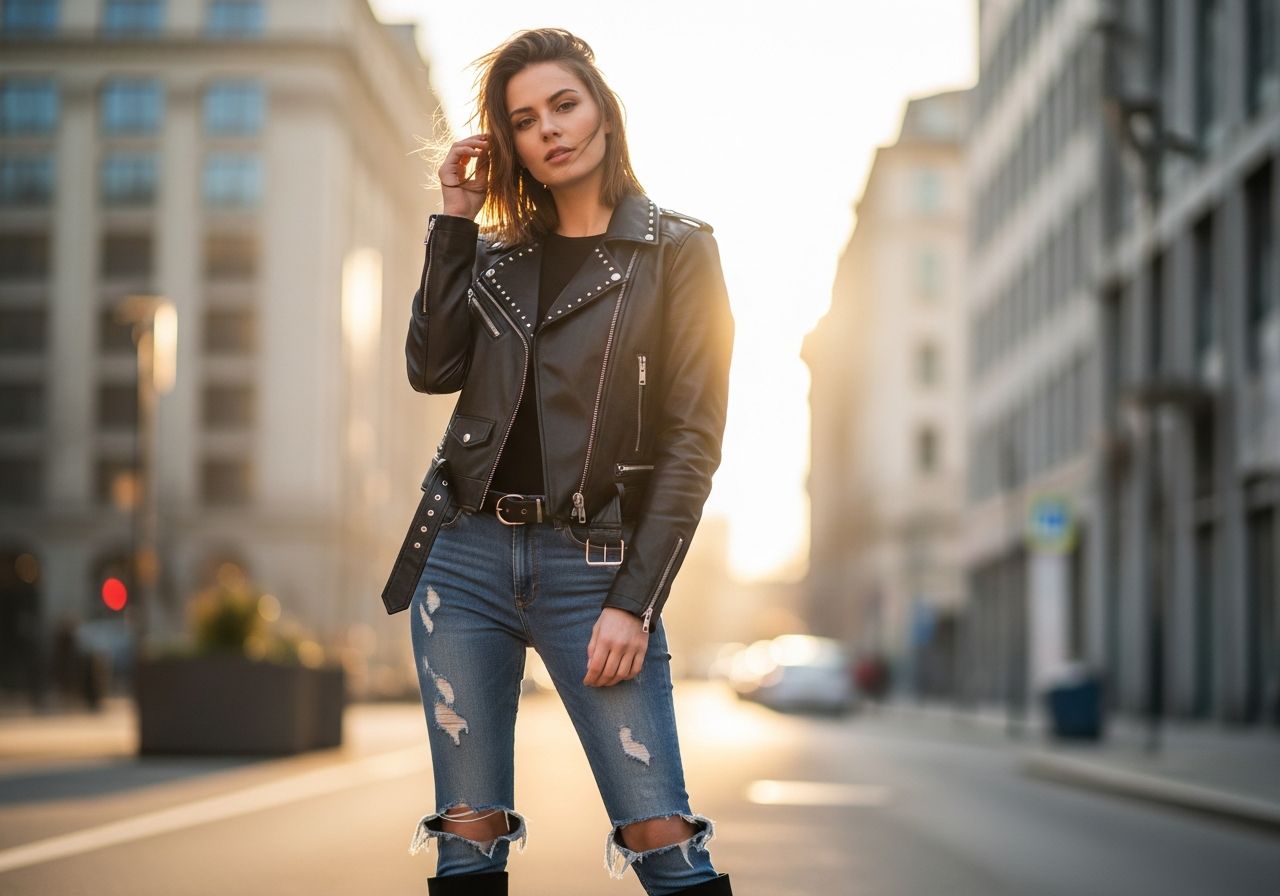 Mladá žena v čiernej koženej bunde a roztrhaných džínsoch stojí na mestskej ulici pri zlatej hodine.