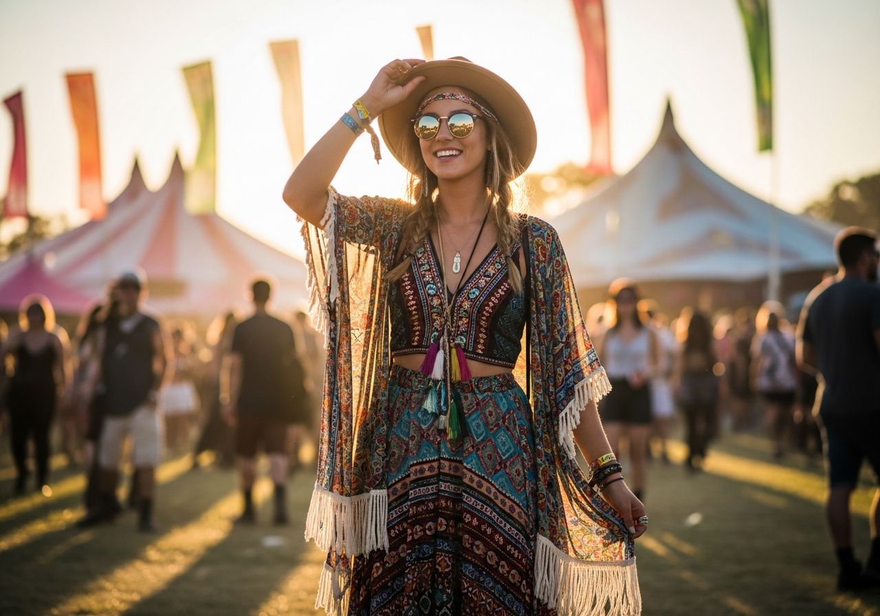 mladá žena v bohémskom odeve s klobúkom a slnečnými okuliarmi na vonkajšom hudobnom festivale
