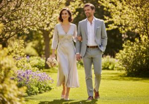 Štýlový pár na svadbe vonku v záhrade s kvetmi, žena v pastelových šatách, muž v svetlosivom obleku