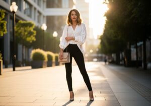 žena v čiernych legínach a béžových podpätkoch na slnečnej ulici s bielou blúzkou a minimal šperkami