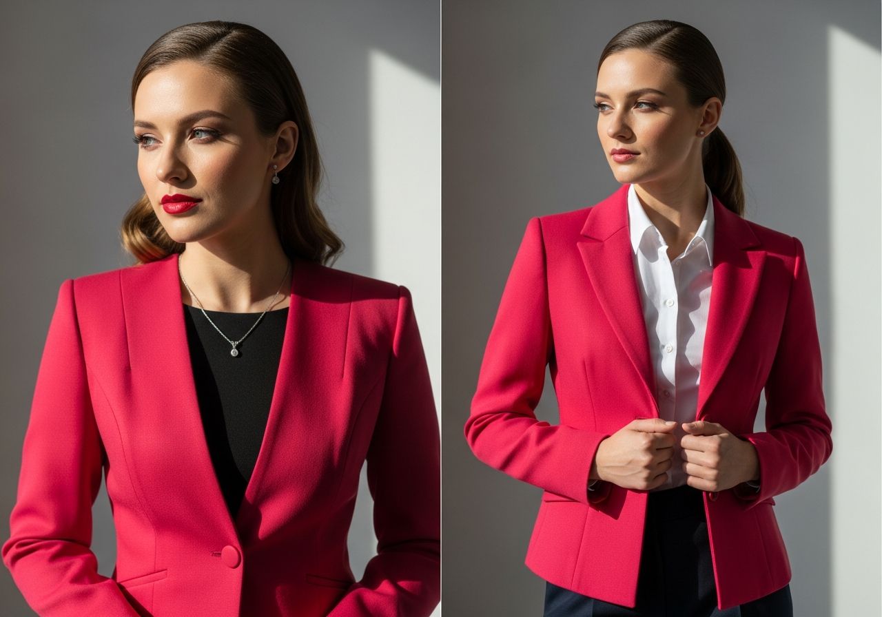 Žena v malinovo saku, elegantne i business casual, s bielou košeľou a nohavicami v neutrálom prostredí.