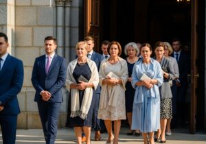 Skupina ľudí v slušnom oblečení vstupuje do kamenného kostola za denného svetla.
