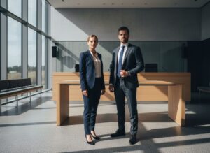 profesionálni právnici muž a žena v modernom súdnom procese v formálnom oblečení